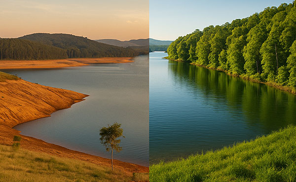 Imagem representando a degradação ambiental e a crise hídrica, destacando a importância do projeto Adote uma Árvore da Associação Verde Esperança.
