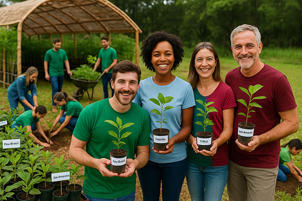 Ações técnicas e comunitárias do projeto Adote uma Árvore da Associação Verde Esperança, focadas no plantio de mudas nativas e monitoramento ambiental.