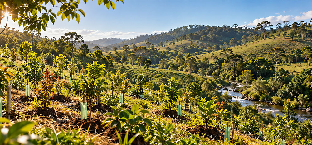 Banner do projeto Água Florestal, uma iniciativa da Associação Verde Esperança para promover o reflorestamento de áreas degradadas e proteção de nascentes, com paisagem natural ao fundo.