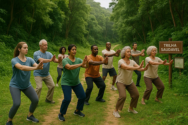 Atividades esportivas e integrativas realizadas pelo projeto EcoEsporte da Associação Verde Esperança, incluindo trilhas, yoga e ciclismo em contato com a natureza.