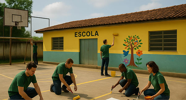 Exemplo das soluções propostas pelo projeto Adote uma Escola da Associação Verde Esperança, como oficinas culturais, requalificação física e formação docente.