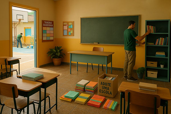 Ação comunitária incentivada pelo projeto Adote uma Escola da Associação Verde Esperança, com destaque para mutirões, doações e voluntariado.