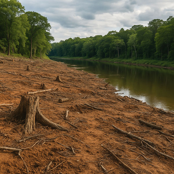 Imagem representando a perda de vegetação na Mata Atlântica e seus impactos na biodiversidade e nos mananciais, abordados pelo projeto Florestar da Associação Verde Esperança.