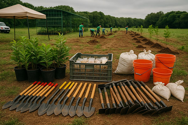 Ação voluntária e comunitária no projeto Florestar da Associação Verde Esperança, com destaque para doações, parcerias locais e engajamento nas redes sociais.