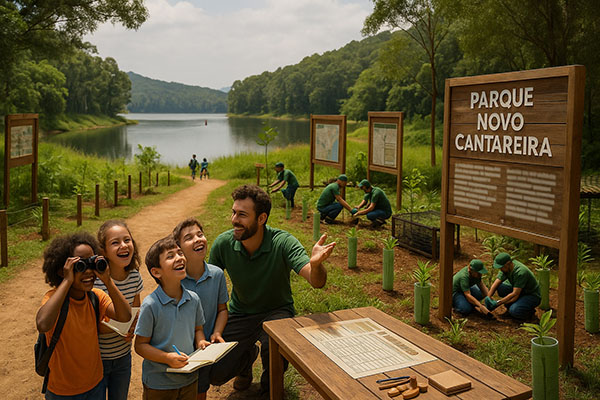 Exemplo das soluções propostas pelo projeto Novo Cantareira da Associação Verde Esperança, como trilhas ecológicas, reflorestamento e parcerias com escolas e universidades.