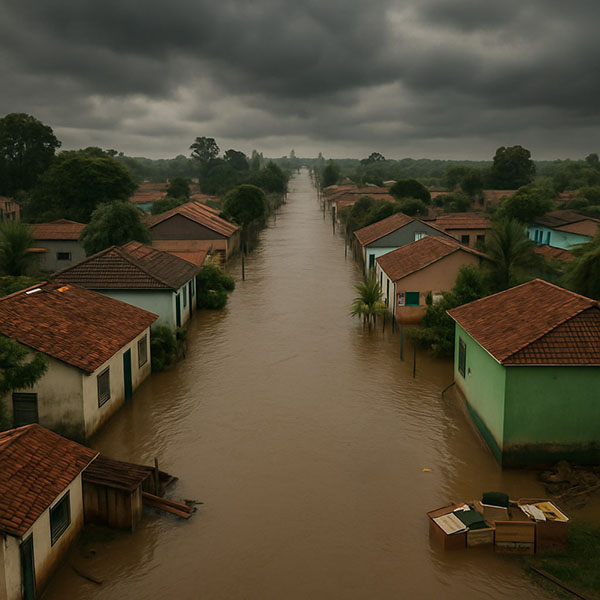 Imagem representando os impactos de desastres ambientais sobre comunidades vulneráveis, tema abordado pelo projeto SOS da Associação Verde Esperança.
