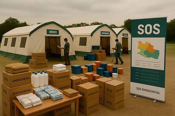 Chamada à ação comunitária no projeto SOS da Associação Verde Esperança, com incentivo a doações, voluntariado e formação cidadã em emergências.