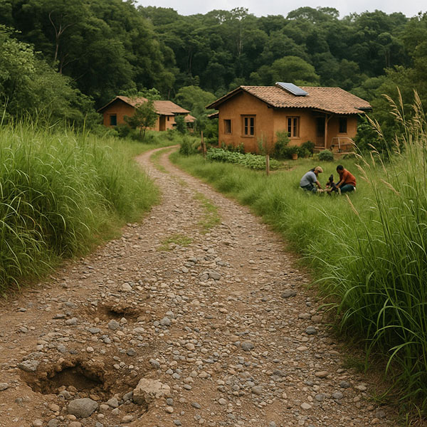 Imagem ilustrativa dos desafios enfrentados por projetos rurais como a Vila Quatro Cantos da Associação Verde Esperança, relacionados à infraestrutura, acesso e sustentabilidade ecológica.